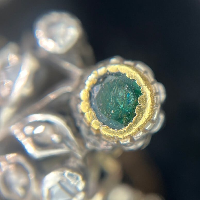 【希少】アンティークジュエリー フランス ロココ期  ジャルディネッティ 小さな庭  花 フラワー 花束 デザイン リング K18 SV  コンビカラー オールドカットダイヤモンド  エメラルド 指輪  DR00410