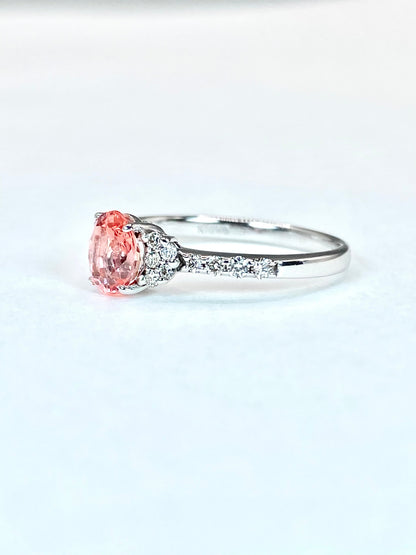 【スリランカ産】非加熱パパラチアサファイア 0.768ct / ダイヤモンド 計0.18ct K18WG リング 11号【リフレッシュメント(新品仕上げ・補修・洗浄等済)】