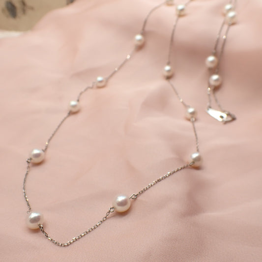 Pt850 パール ロングネックレス 80cm 二連 ステーションネックレス プラチナ 真珠 〜静かに揺れる、光の連なり〜 MN00261