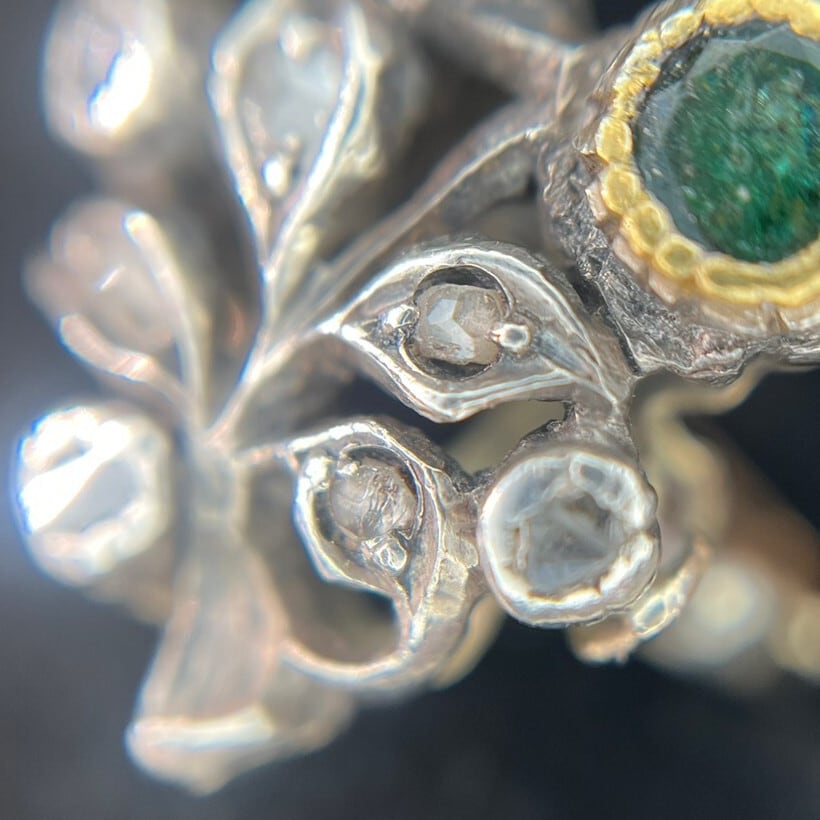 【希少】アンティークジュエリー フランス ロココ期  ジャルディネッティ 小さな庭  花 フラワー 花束 デザイン リング K18 SV  コンビカラー オールドカットダイヤモンド  エメラルド 指輪  DR00410