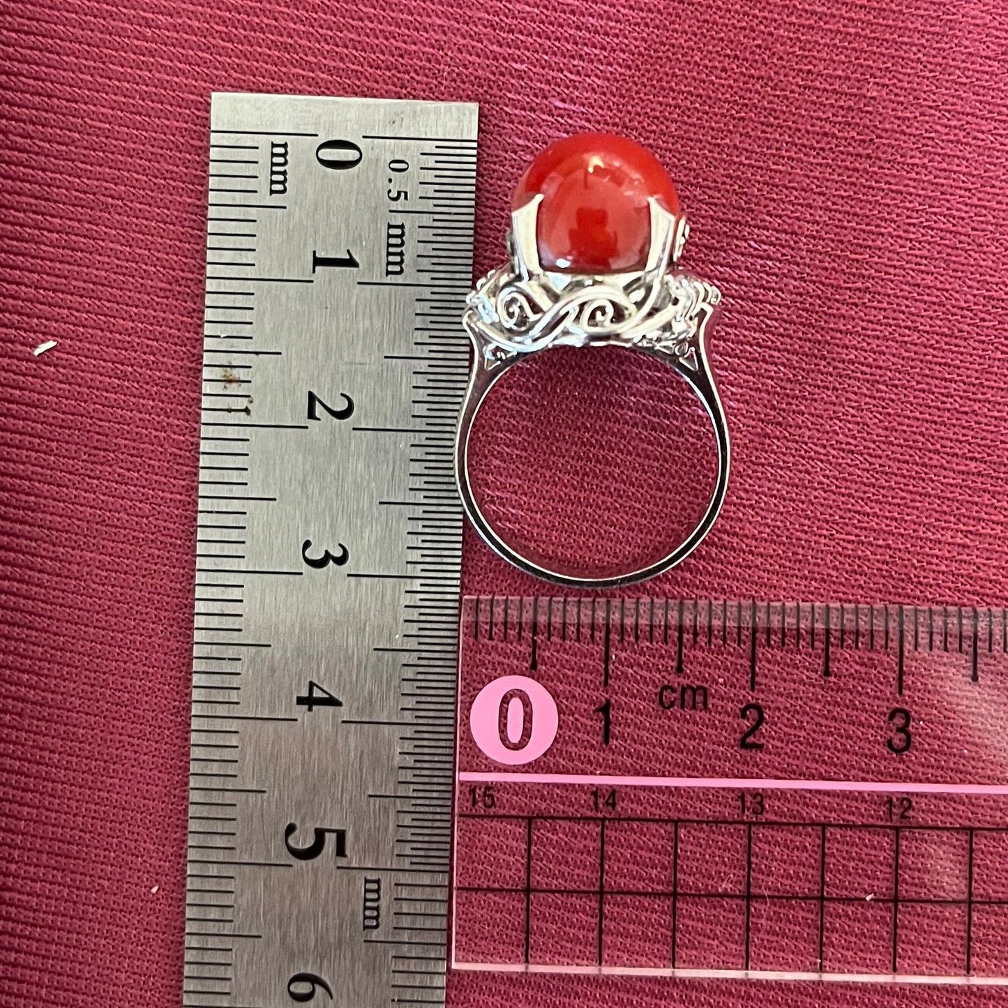 昭和レトロ 昭和ジュエリー ヴィンテージ リング Pt900 赤珊瑚 ダイヤ アラベスク柄の透かしが素敵 MR00660