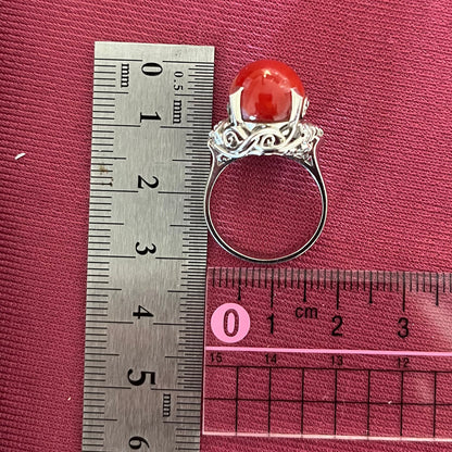 昭和レトロ 昭和ジュエリー ヴィンテージ リング Pt900 赤珊瑚 ダイヤ アラベスク柄の透かしが素敵 MR00660