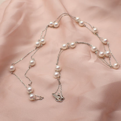 Pt850 パール ロングネックレス 80cm 二連 ステーションネックレス プラチナ 真珠 〜静かに揺れる、光の連なり〜 MN00261