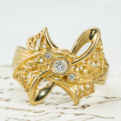 K18 リボンモチーフ ダイヤモンドリング 0.10ct 透かし細工 フィリグリー ダイヤ セット レトロジュエリー 昭和レトロ エレガント  CHR02103
