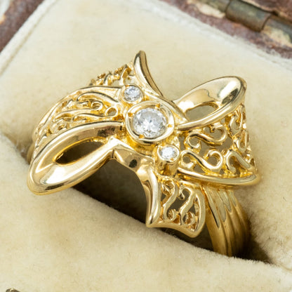 K18 リボンモチーフ ダイヤモンドリング 0.10ct 透かし細工 フィリグリー ダイヤ セット レトロジュエリー 昭和レトロ エレガント  CHR02103