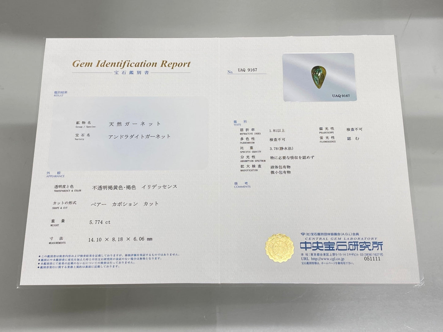 イリデッセンス・アンドラダイトガーネット 5.774ct ルース 9枚目