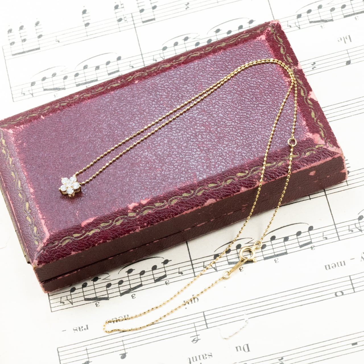 K18 ヴィンテージ ゴールド ジュエリー ダイヤモンド 0.26ct 花 フラワー シンプルデザイン ボールチェーン ネックレス 40.5cm CHP00878