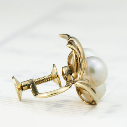 ミキモト MIKIMOTO K14 あこや真珠 パール イヤリング 3粒 ヴィンテージ 葉モチーフ ゴールド  OKE00020
