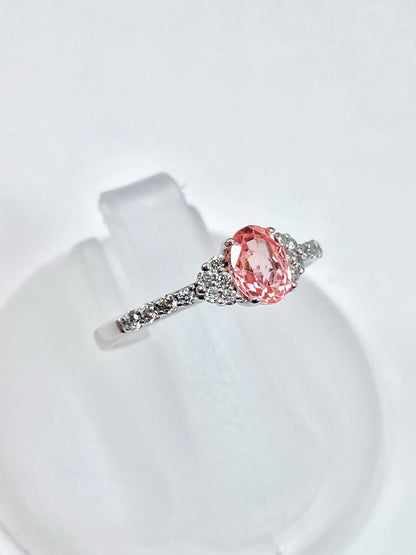 【スリランカ産】非加熱パパラチアサファイア 0.768ct / ダイヤモンド 計0.18ct K18WG リング 11号【リフレッシュメント(新品仕上げ・補修・洗浄等済)】