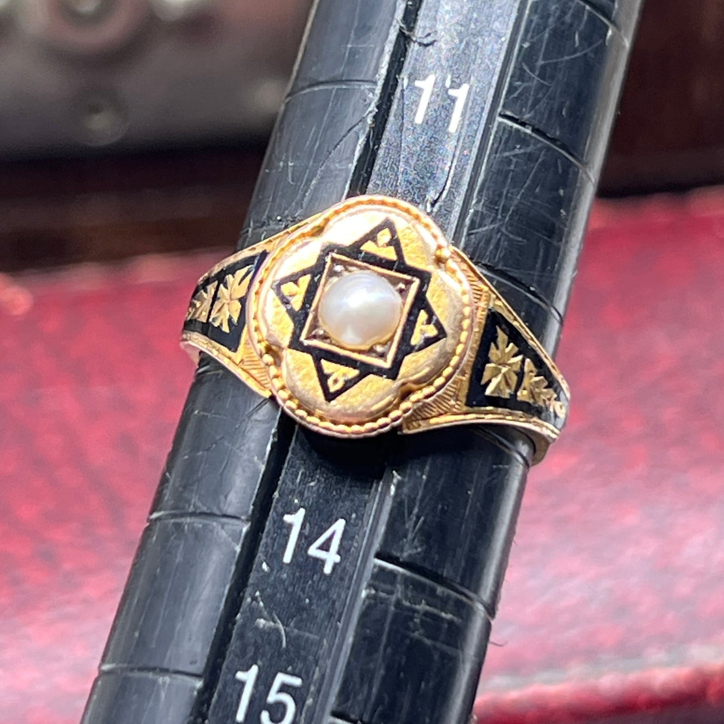 アンティーク K15 ブラックエナメル 天然真珠 パール リング 1900年 バーミンガム イギリス モーニングジュエリー ヴィクトリアン DR00798