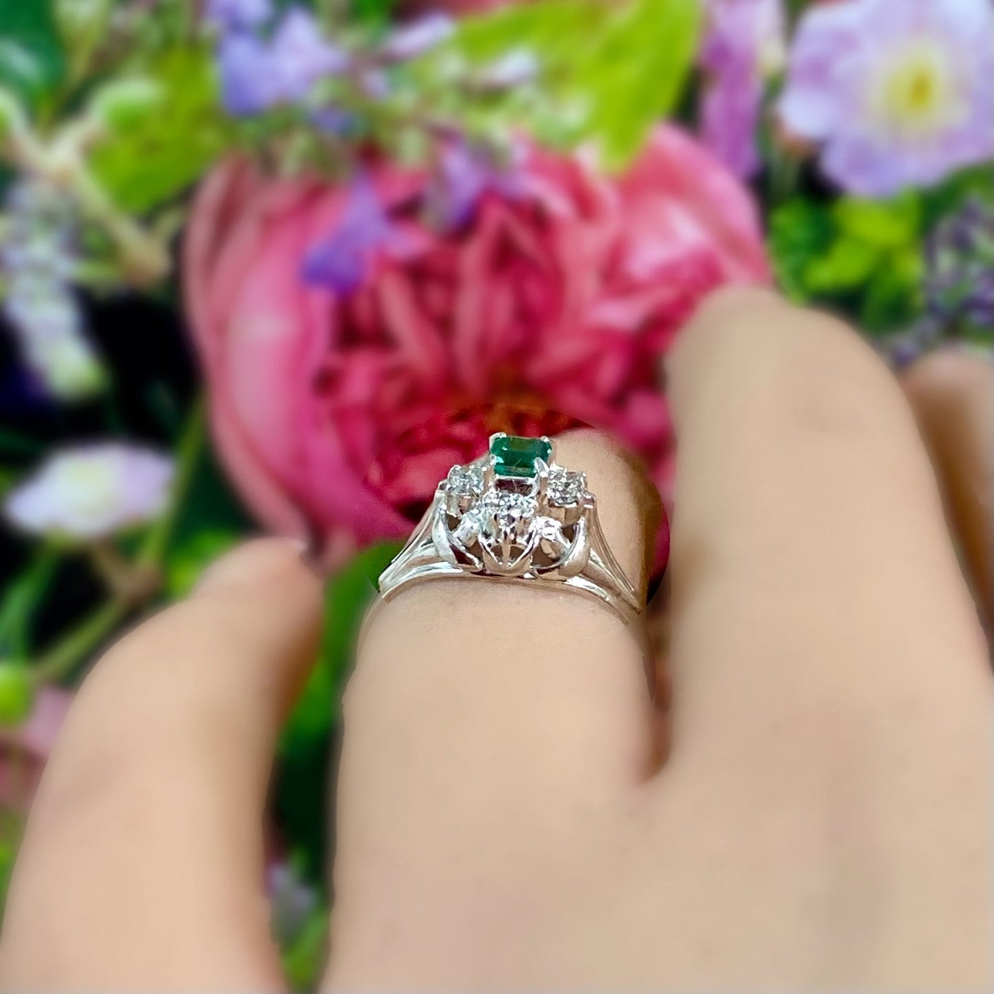 昭和ジュエリー エメラルド ダイヤモンド リング Pt200 0.25ct ヴィンテージ 昭和レトロ 指輪 プラチナ CHR01827