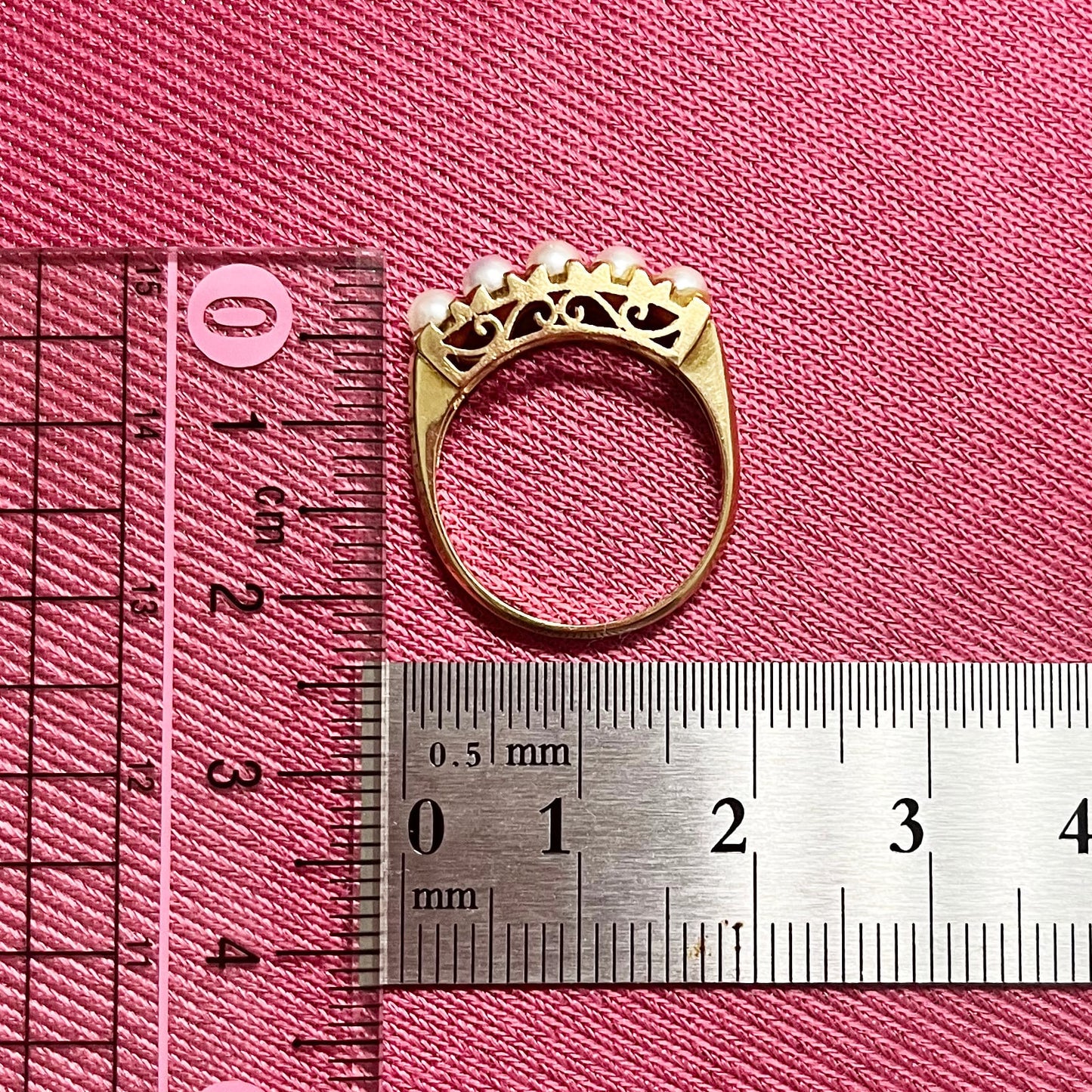 昭和ジュエリー パール リング K18 ヴィンテージ 昭和レトロ 一文字デザイン 透かし 真珠 ゴールド 指輪 DR00690
