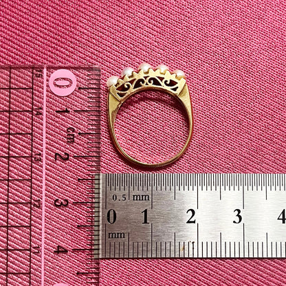 昭和ジュエリー パール リング K18 ヴィンテージ 昭和レトロ 一文字デザイン 透かし 真珠 ゴールド 指輪 DR00690