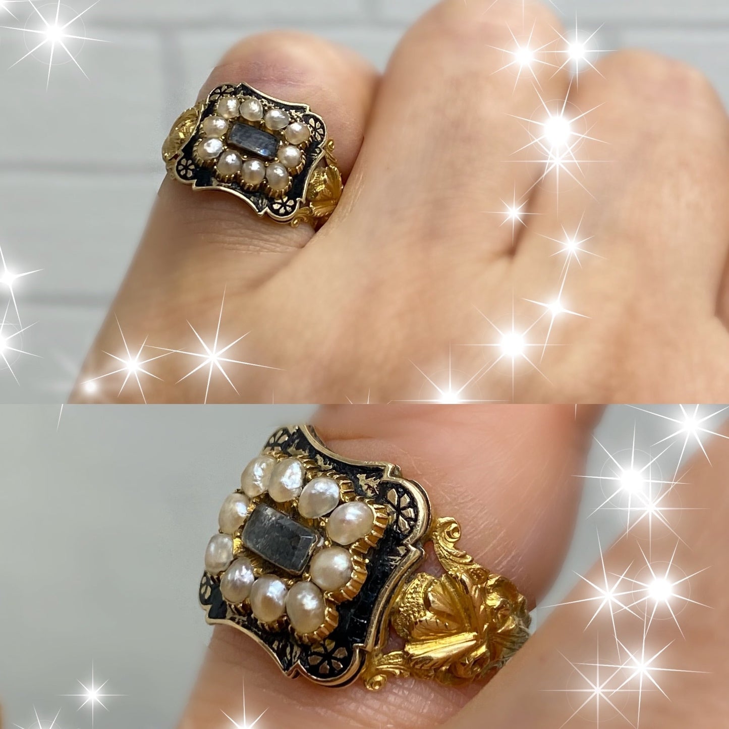 アンティークジュエリー イギリス アンティーク バーミンガム 1832 1834 彫刻有り 勿忘草 K18 パール モーニングジュエリー リング 指輪 〜メッセージと共に引き継がれる想い〜DR00658