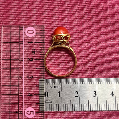 昭和ジュエリー 赤珊瑚 サンゴ リング K18 ヴィンテージ 昭和レトロ 唐草 アラベスク 透かしデザイン 指輪 MR00663