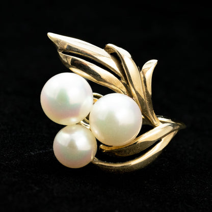ミキモト MIKIMOTO K14 あこや真珠 パール イヤリング 3粒 ヴィンテージ 葉モチーフ ゴールド  OKE00020