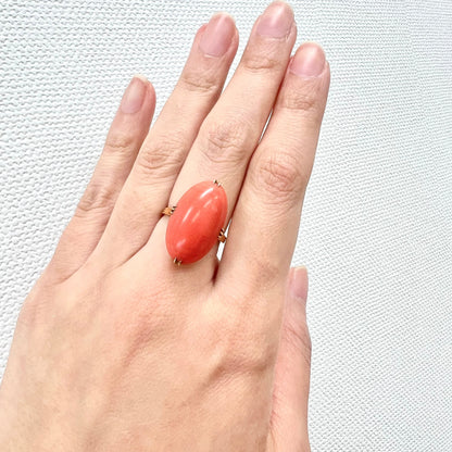 昭和ジュエリー 桃色珊瑚 サンゴ リング K18 ヴィンテージ 昭和レトロ 千本透かし オーバル コーラル 指輪 OKR00151