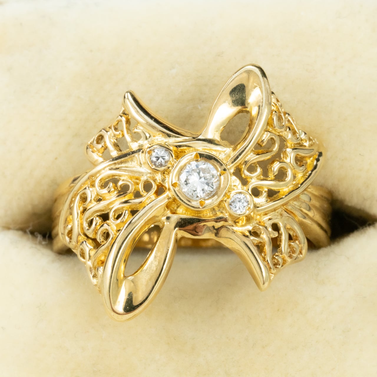 K18 リボンモチーフ ダイヤモンドリング 0.10ct 透かし細工 フィリグリー ダイヤ セット レトロジュエリー 昭和レトロ エレガント  CHR02103