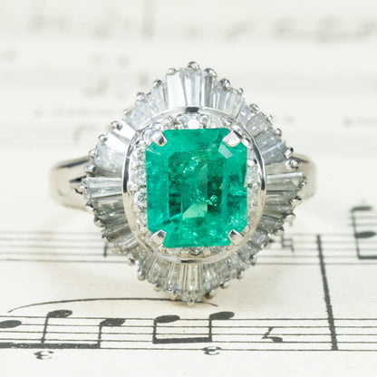 昭和ジュエリー エメラルド ダイヤモンド リング Pt900 1.79ct 1.4ct バレリーナセッティング ヴィンテージ 昭和レトロ MOR00698