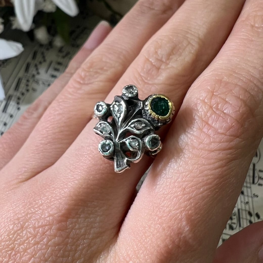 【希少】アンティークジュエリー フランス ロココ期  ジャルディネッティ 小さな庭  花 フラワー 花束 デザイン リング K18 SV  コンビカラー オールドカットダイヤモンド  エメラルド 指輪  DR00410