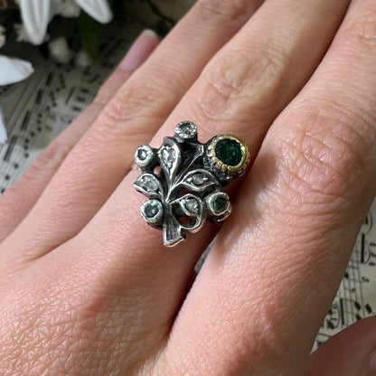 【希少】アンティークジュエリー フランス ロココ期  ジャルディネッティ 小さな庭  花 フラワー 花束 デザイン リング K18 SV  コンビカラー オールドカットダイヤモンド  エメラルド 指輪  DR00410