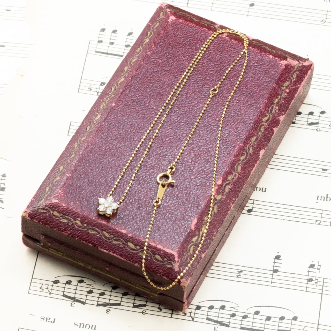K18 ヴィンテージ ゴールド ジュエリー ダイヤモンド 0.26ct 花 フラワー シンプルデザイン ボールチェーン ネックレス 40.5cm CHP00878