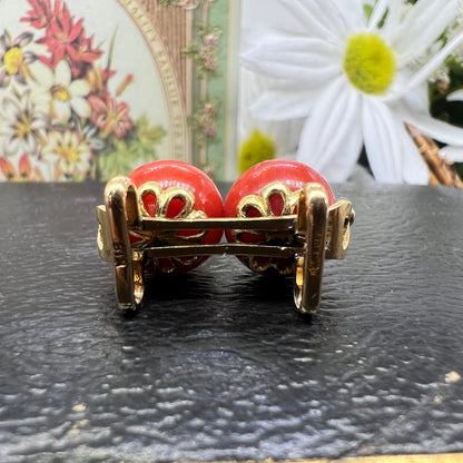 昭和ジュエリー 赤珊瑚 サンゴ 帯留め K18 ヴィンテージ 昭和レトロ コーラル 2珠 和装ジュエリー 帯どめ MOTH00026