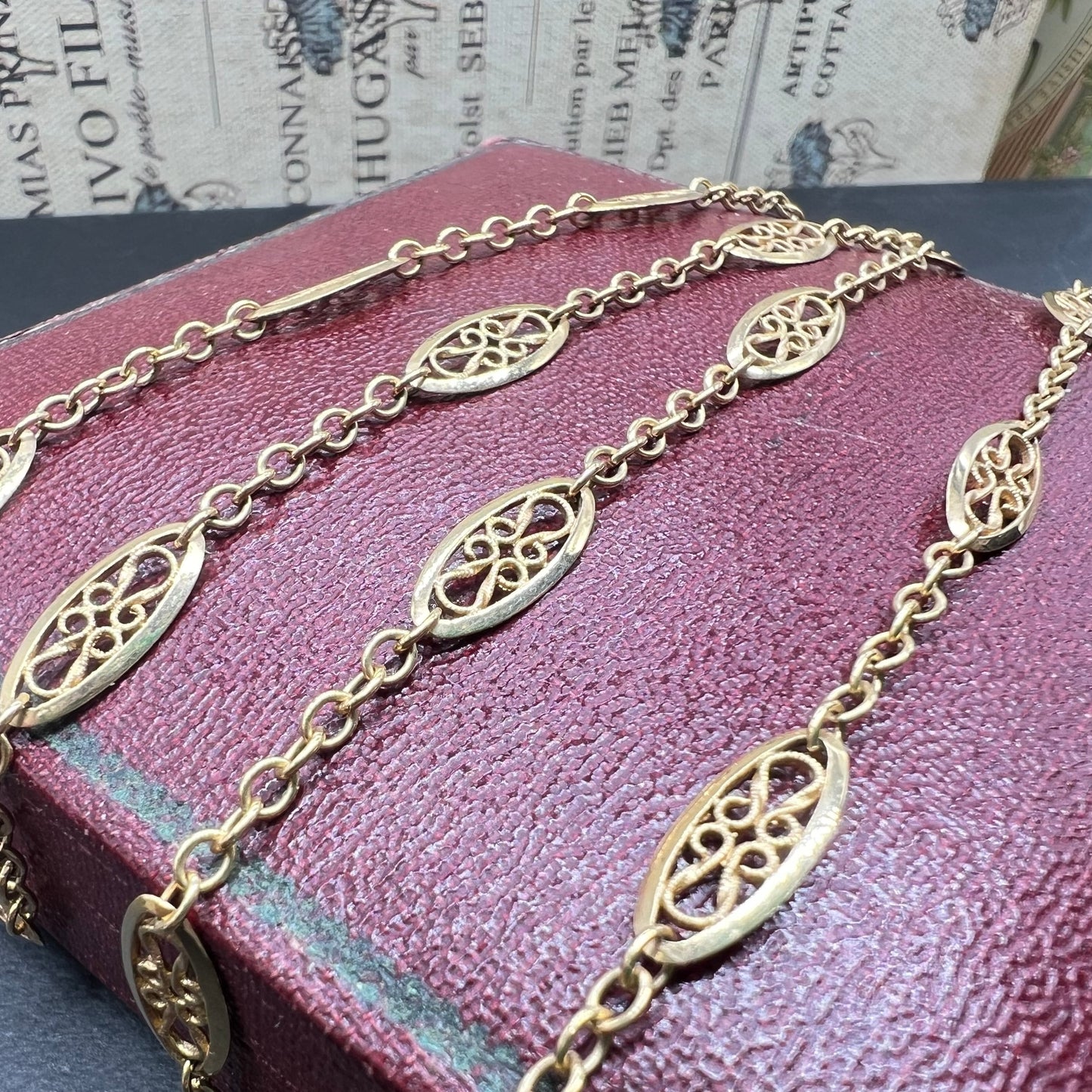 フランス アンティーク ジュエリー フィリグリー セミロング チェーン ネックレス K18 50.2cm 職人の手仕事光る美しき金細工 DRN00073　
