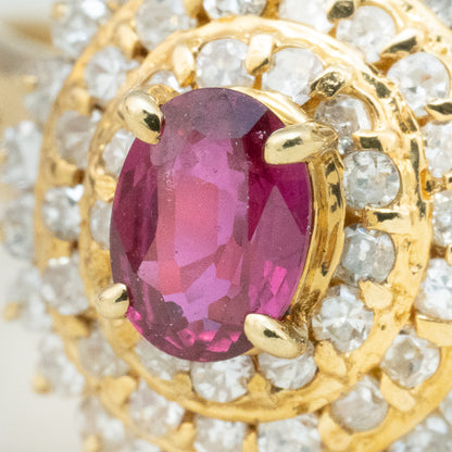 K18 ルビー0.20ct ダイヤモンド0.30ct リング｜二重のハローが囲むクラシックなクラスターデザイン MOR00709