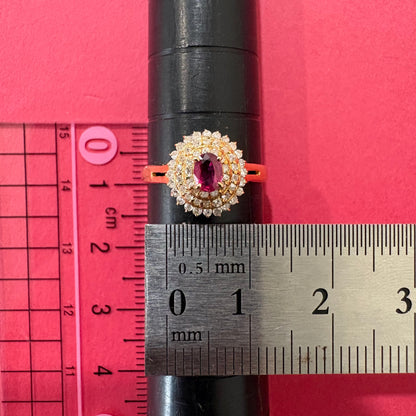 K18 ルビー0.20ct ダイヤモンド0.30ct リング｜二重のハローが囲むクラシックなクラスターデザイン MOR00709