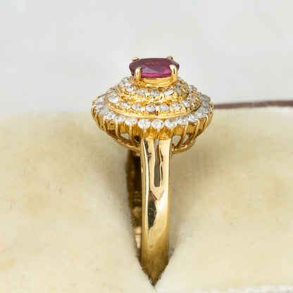 K18 ルビー0.20ct ダイヤモンド0.30ct リング｜二重のハローが囲むクラシックなクラスターデザイン MOR00709