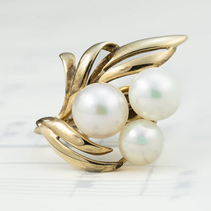 ミキモト MIKIMOTO K14 あこや真珠 パール イヤリング 3粒 ヴィンテージ 葉モチーフ ゴールド  OKE00020