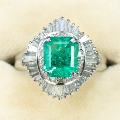 昭和ジュエリー エメラルド ダイヤモンド リング Pt900 1.79ct 1.4ct バレリーナセッティング ヴィンテージ 昭和レトロ MOR00698