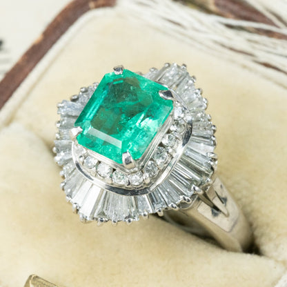 昭和ジュエリー エメラルド ダイヤモンド リング Pt900 1.79ct 1.4ct バレリーナセッティング ヴィンテージ 昭和レトロ MOR00698