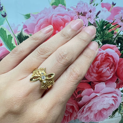 K18 リボンモチーフ ダイヤモンドリング 0.10ct 透かし細工 フィリグリー ダイヤ セット レトロジュエリー 昭和レトロ エレガント  CHR02103