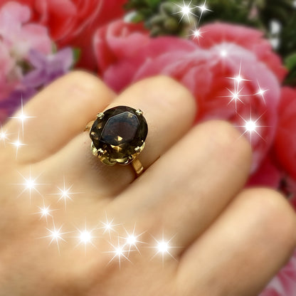 昭和ジュエリー スモーキークォーツ リング K14 ヴィンテージ 昭和レトロ ゴールド 指輪 MOR00648