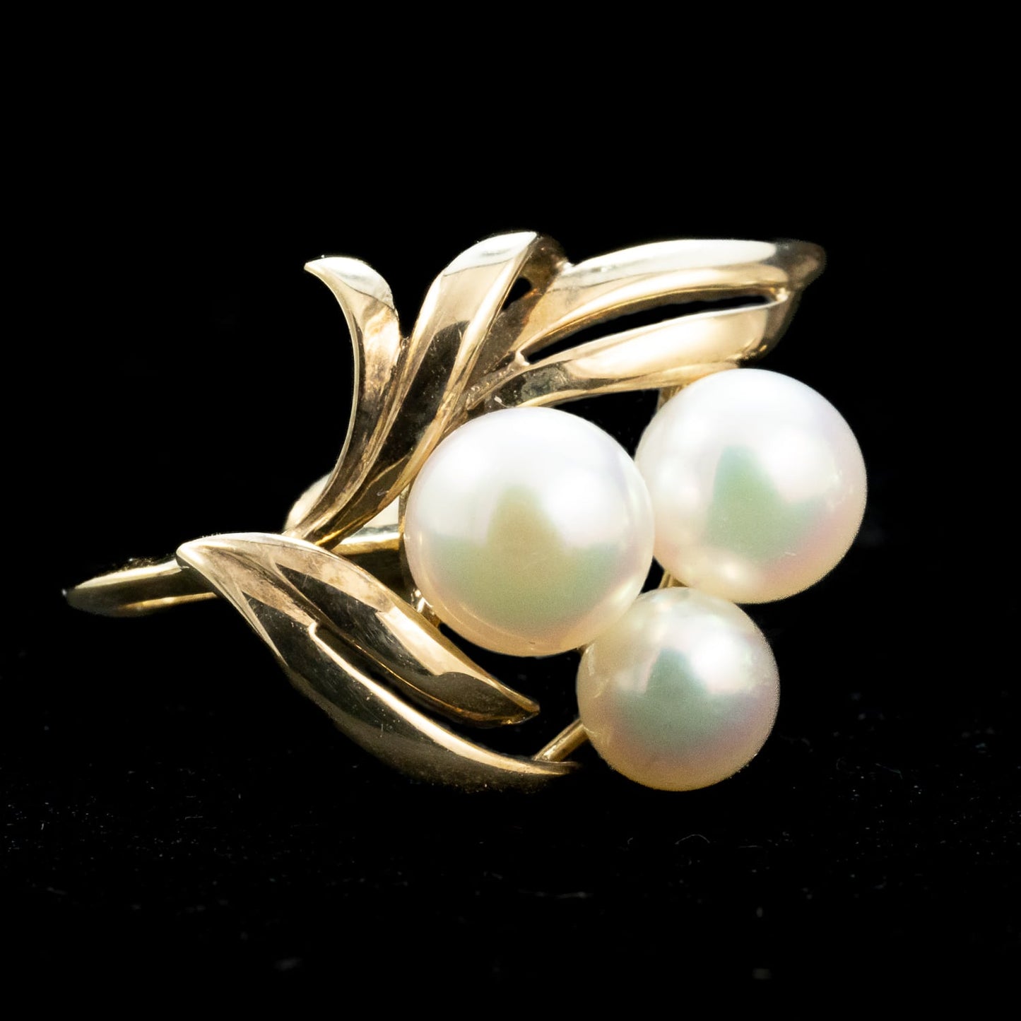 ミキモト MIKIMOTO K14 あこや真珠 パール イヤリング 3粒 ヴィンテージ 葉モチーフ ゴールド  OKE00020