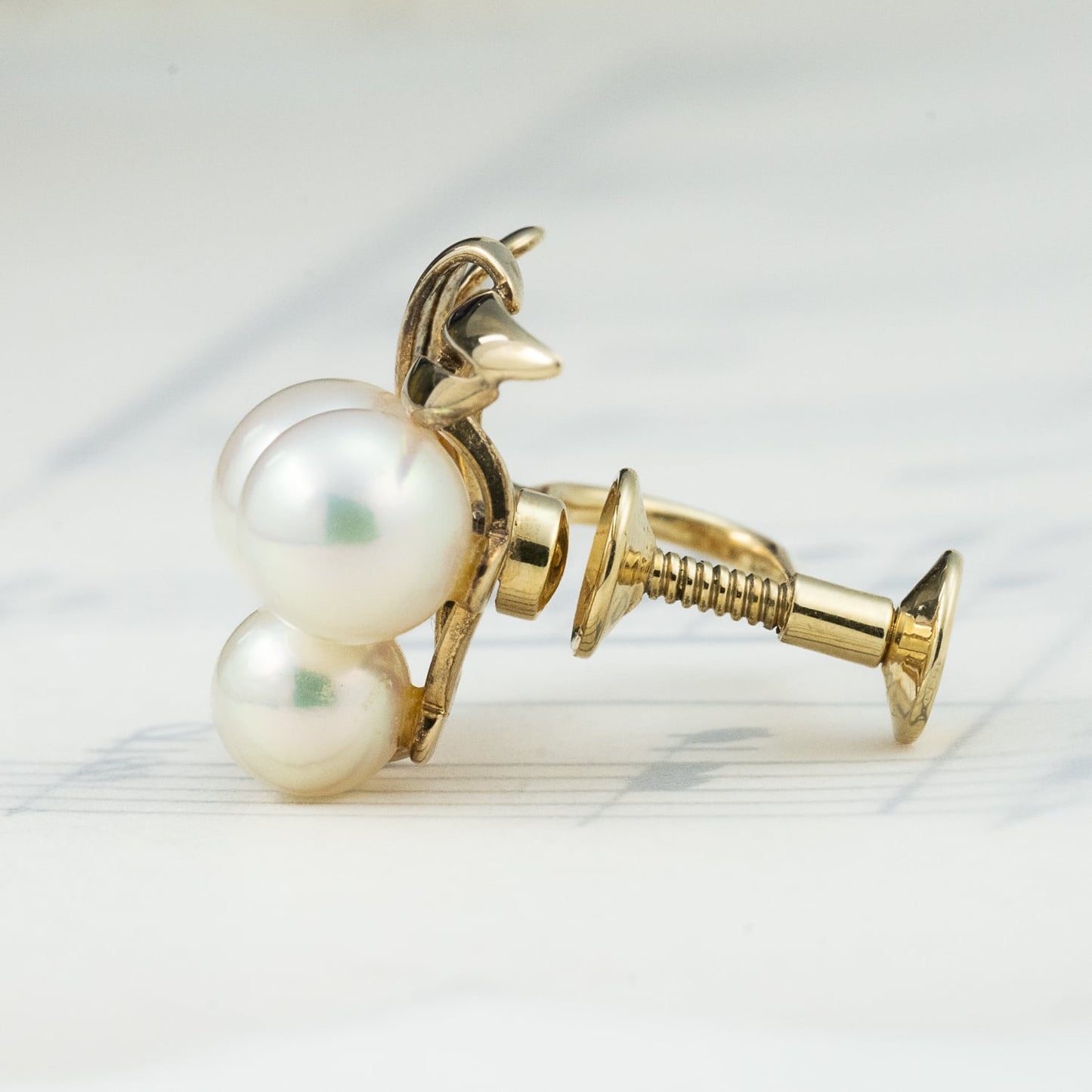 ミキモト MIKIMOTO K14 あこや真珠 パール イヤリング 3粒 ヴィンテージ 葉モチーフ ゴールド  OKE00020