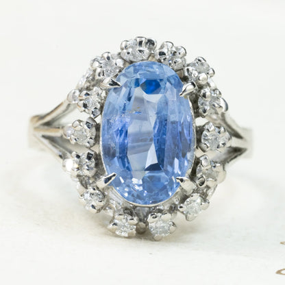 Pt900 昭和ザマスリング 非加熱ブルーサファイヤ 3.903ct ダイヤモンド0.35   〜遥か遠き氷の国のご令嬢リング〜OKR00249