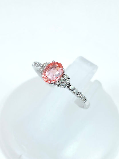 【スリランカ産】非加熱パパラチアサファイア 0.768ct / ダイヤモンド 計0.18ct K18WG リング 11号【リフレッシュメント(新品仕上げ・補修・洗浄等済)】