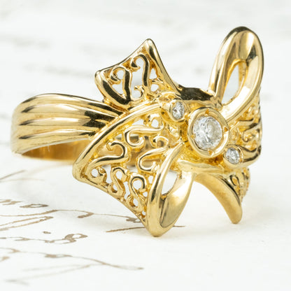 K18 リボンモチーフ ダイヤモンドリング 0.10ct 透かし細工 フィリグリー ダイヤ セット レトロジュエリー 昭和レトロ エレガント  CHR02103