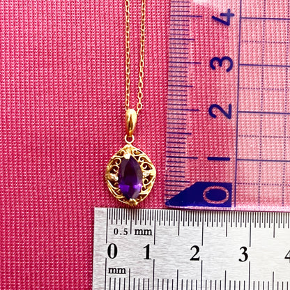昭和ジュエリー アメシスト ダイヤモンド ネックレス K18 ヴィンテージ 昭和レトロ 透かし フィリグリーデザイン アズキチェーン 39cm OKP00024