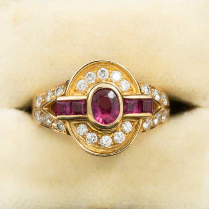 【日本の作品】レトロ ヴィンテージ ジュエリー K18 ルビー ダイヤモンド サークル レール留め コントラスト デザイン ゴールド リング MR00802